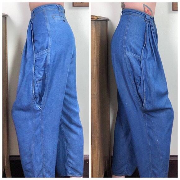 Vintage Pleated Baggy Jeans, High Waisted Tapered Leg Denim Trousers Sz S - Picture 7 of 10